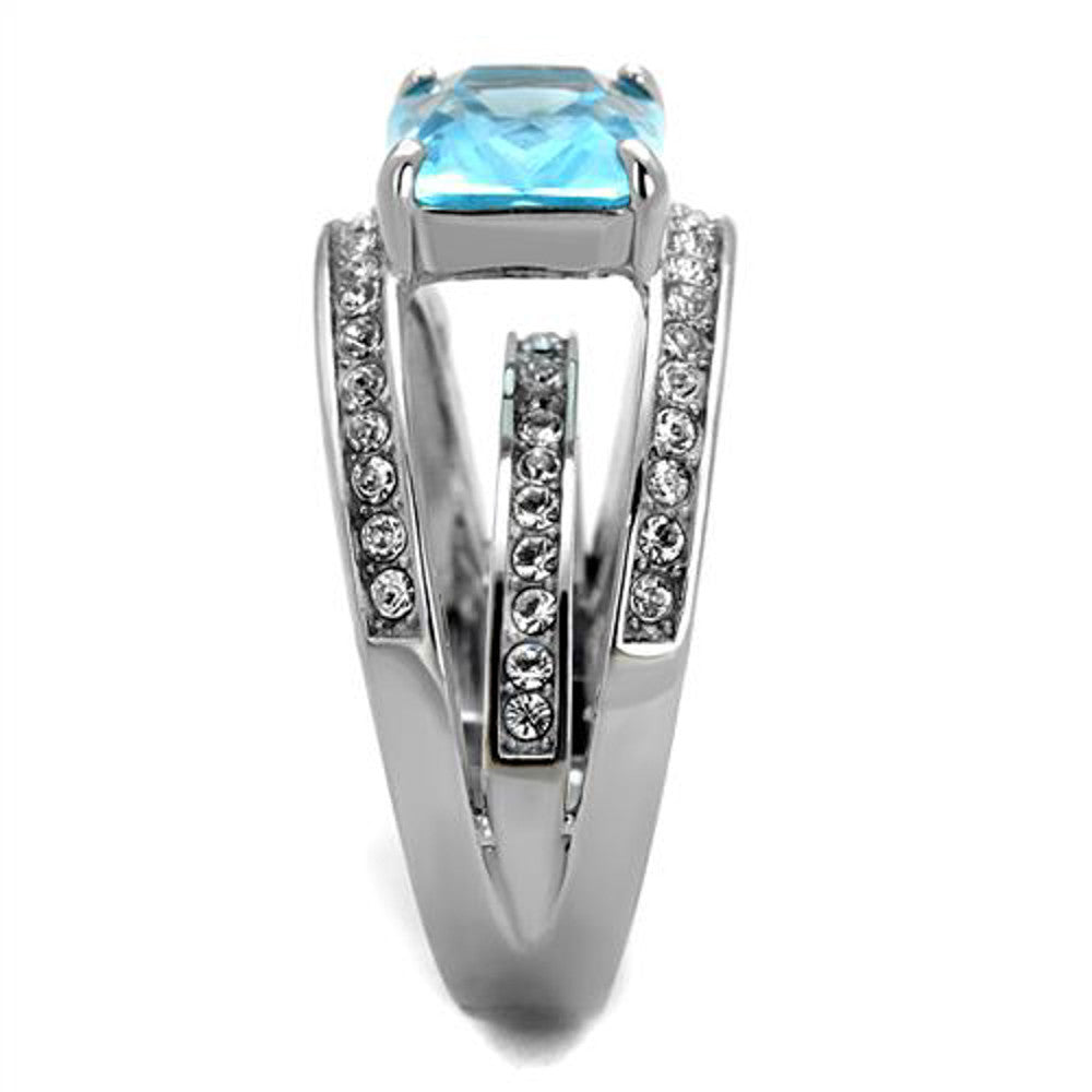 ARTK2608 Womens Stainless Steel 4.07Ct Emerald Cut Sea Blue Crystal Cocktail Ring Sz 5-10