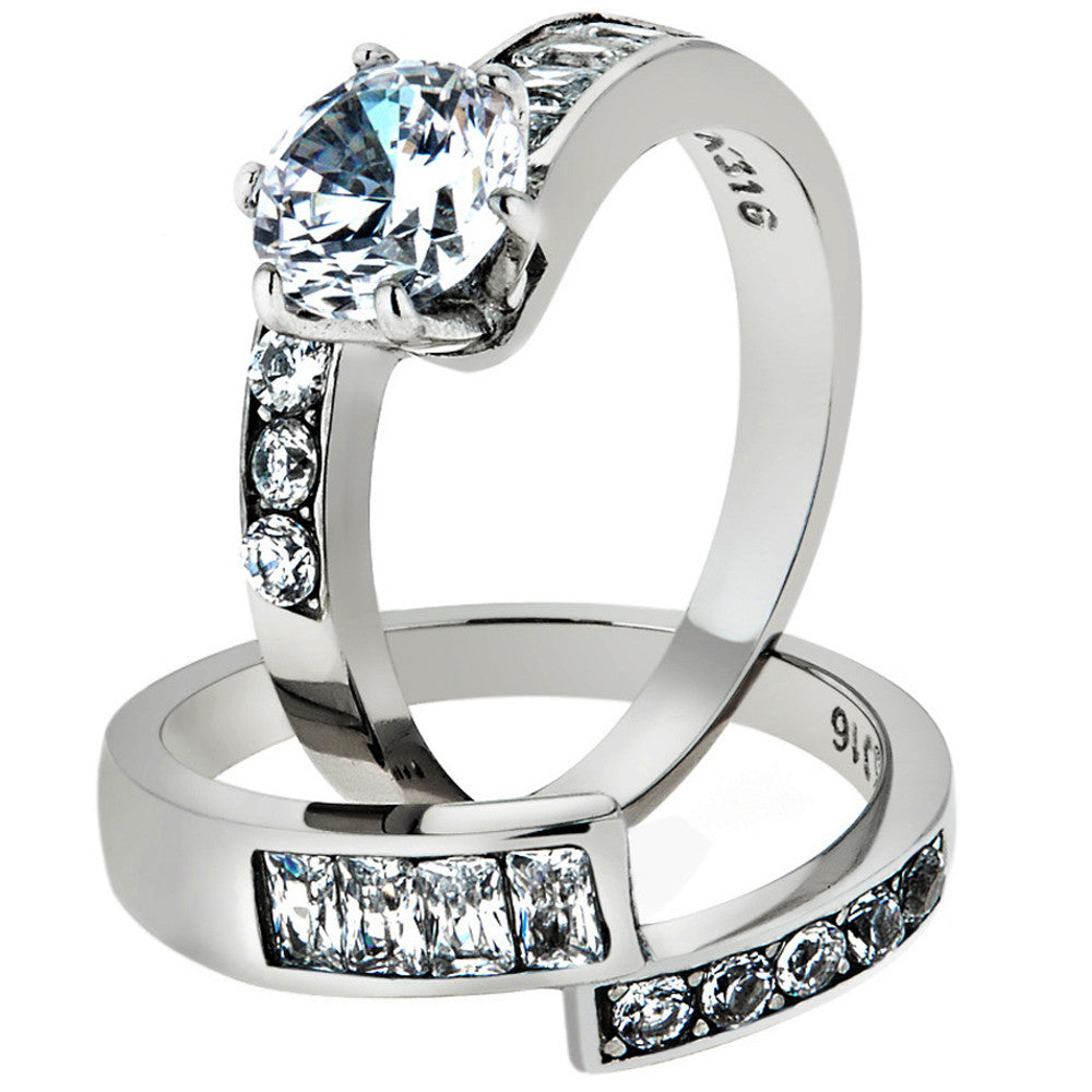 ST2616-ARM0006 His & Her 3pc Stainless Steel 2.50 Ct Cz Bridal Ring Set & Men Beveled Edge Band
