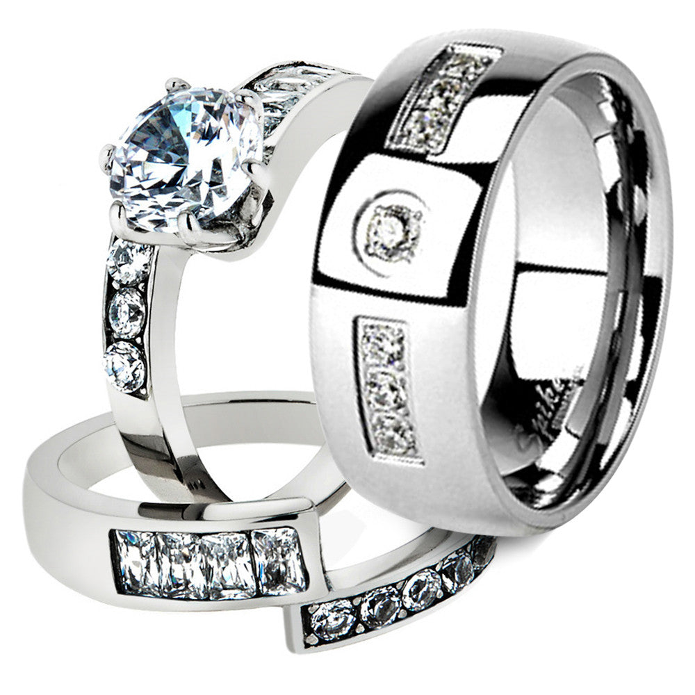 His & Her Stainless Steel 2.50 Ct Cz Bridal Ring Set & Men Zirconia Wedding Band