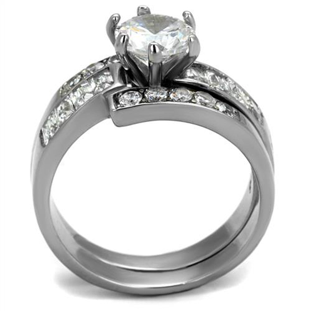 ST2616-ARM0006 His & Her 3pc Stainless Steel 2.50 Ct Cz Bridal Ring Set & Men Beveled Edge Band