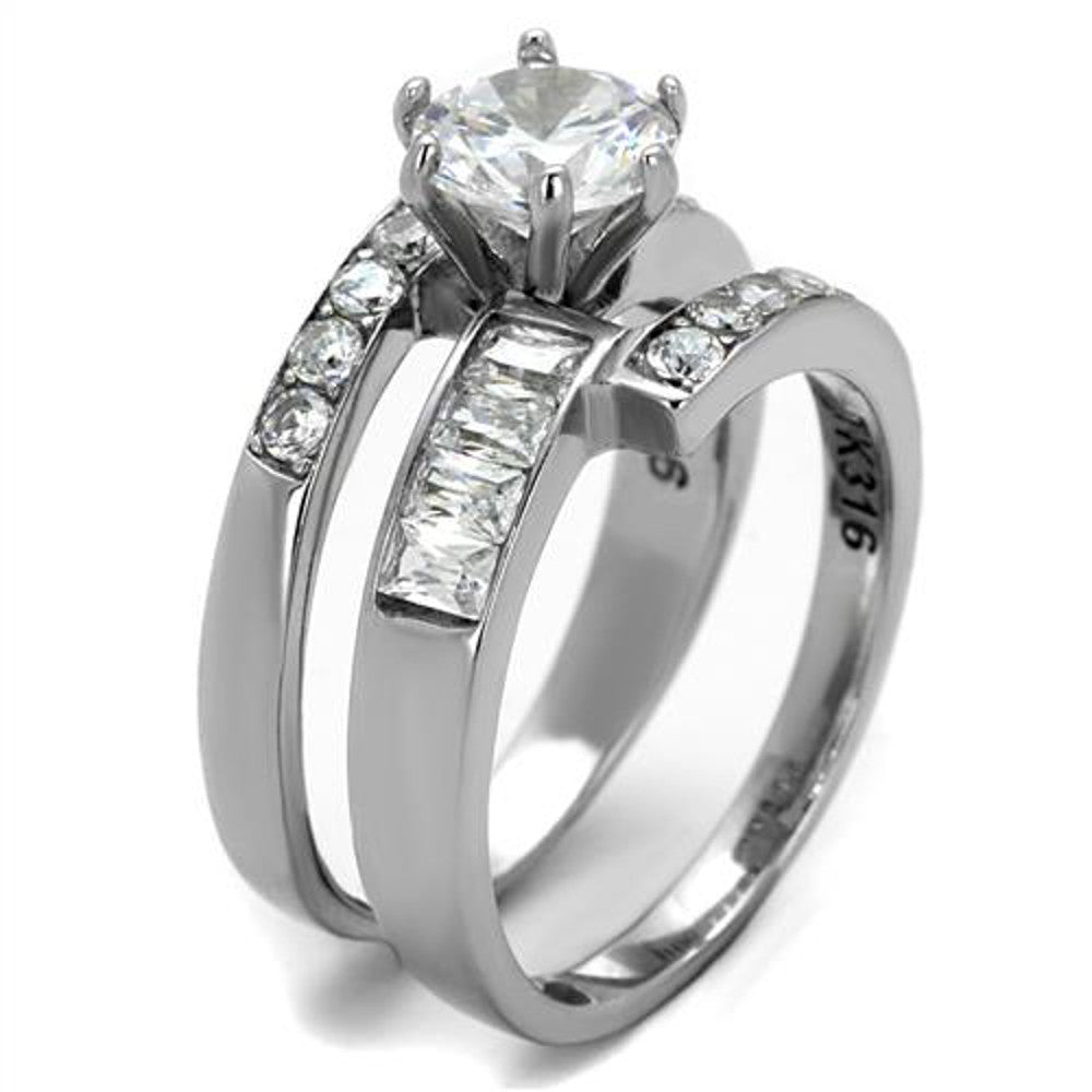 ST2616-ARM0006 His & Her 3pc Stainless Steel 2.50 Ct Cz Bridal Ring Set & Men Beveled Edge Band