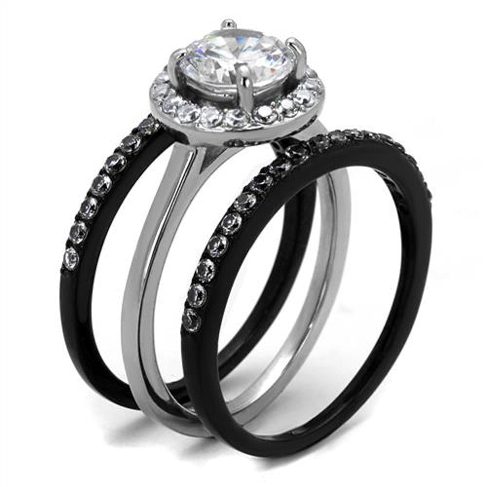 ARTK2620 Women's 2.25 Ct Halo Round Cut Cz Black Stainless Steel Wedding Ring Set Sz 5-10