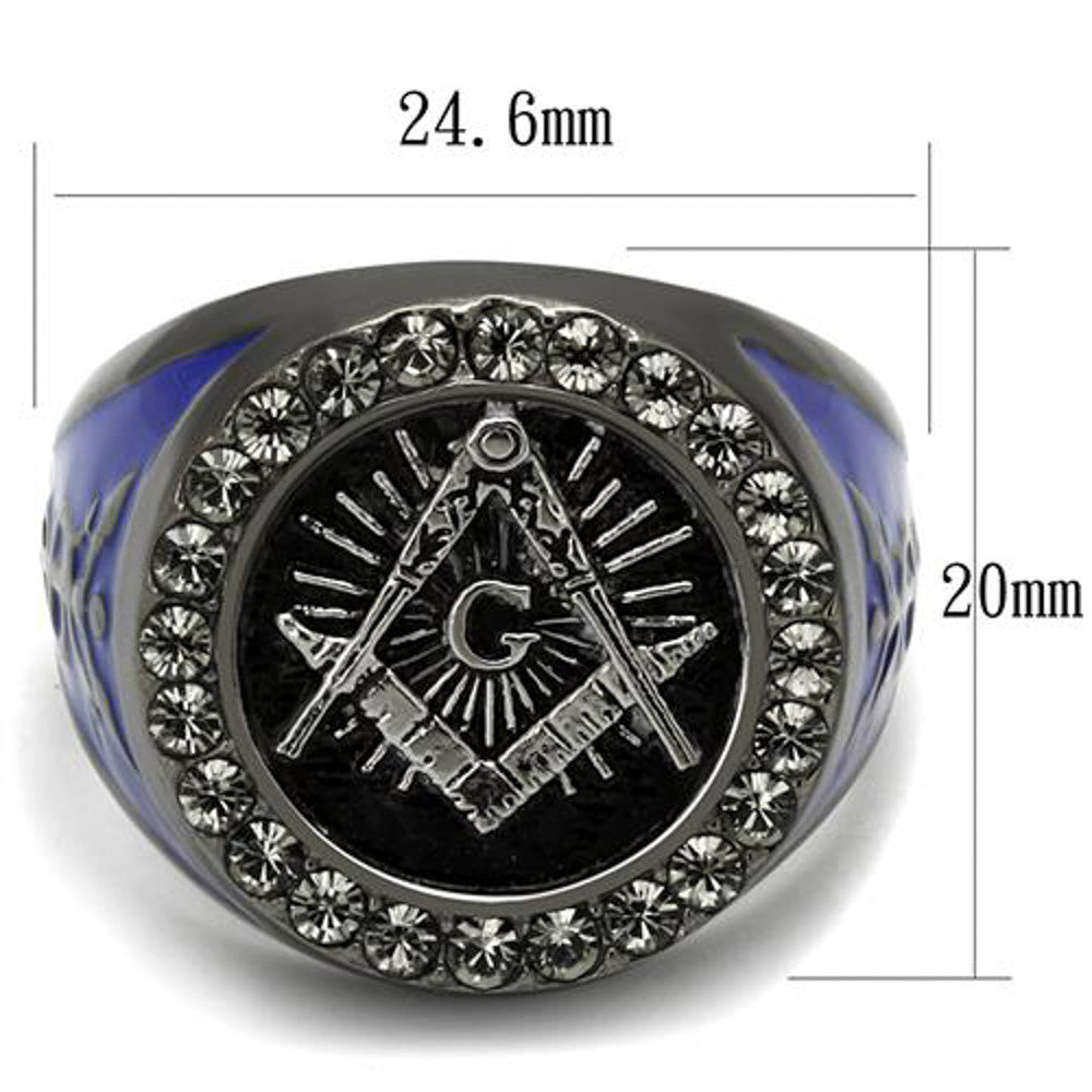 ARTK2637 Stainless Steel Black & Blue Ion Plated Crystal Masonic Freemason Ring Sz 8-13