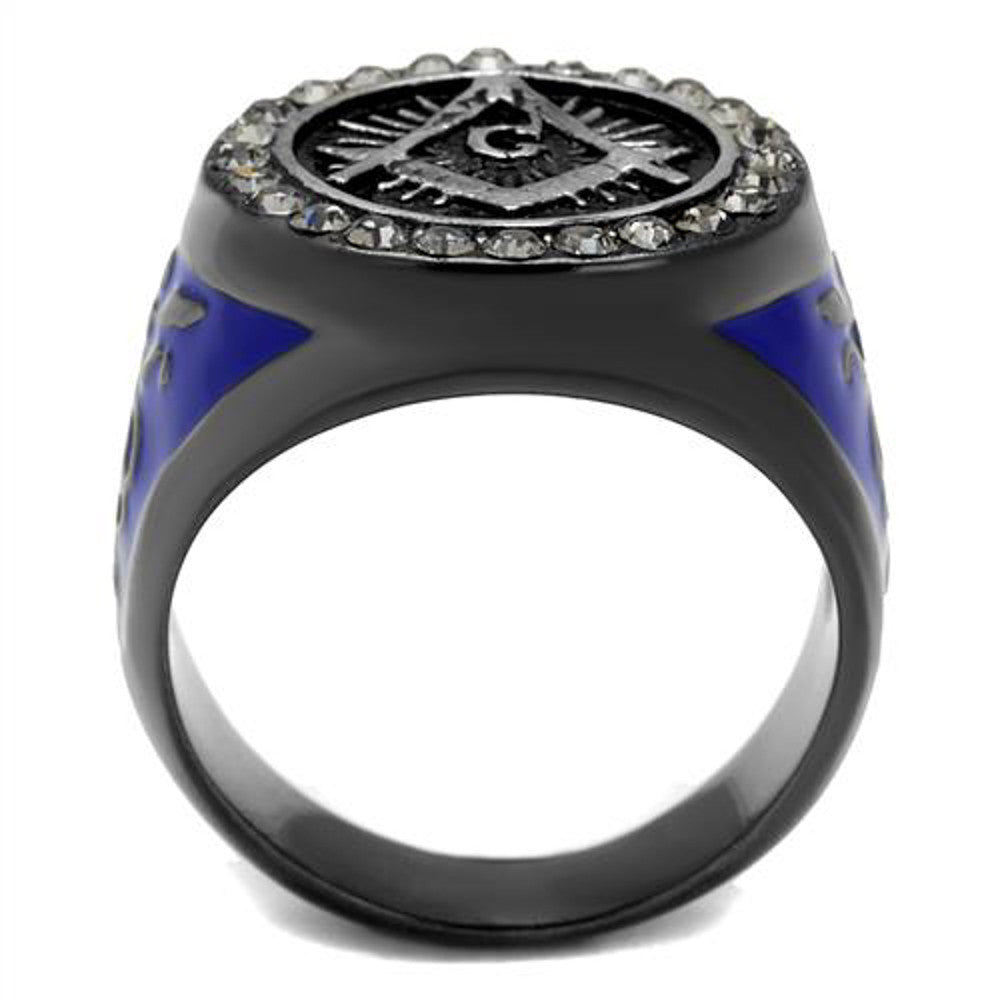 ARTK2637 Stainless Steel Black & Blue Ion Plated Crystal Masonic Freemason Ring Sz 8-13