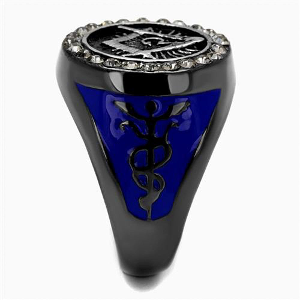 ARTK2637 Stainless Steel Black & Blue Ion Plated Crystal Masonic Freemason Ring Sz 8-13