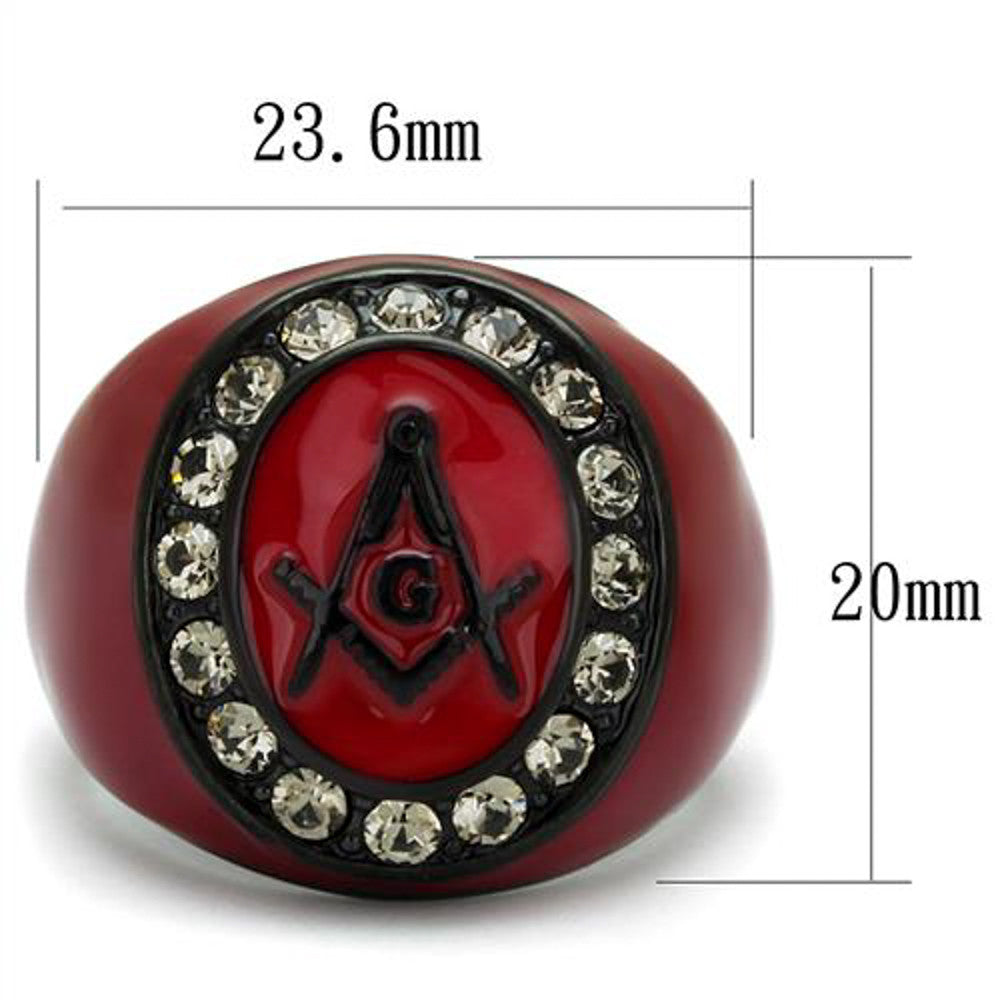 ARTK2638 Stainless Steel Red & Black Ion Plated Crystal Masonic Freemason Ring Sz 8-13