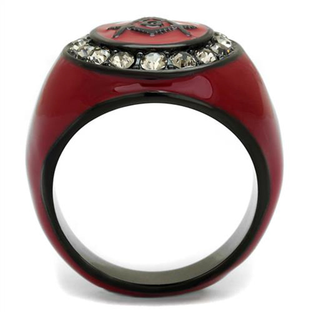 ARTK2638 Stainless Steel Red & Black Ion Plated Crystal Masonic Freemason Ring Sz 8-13