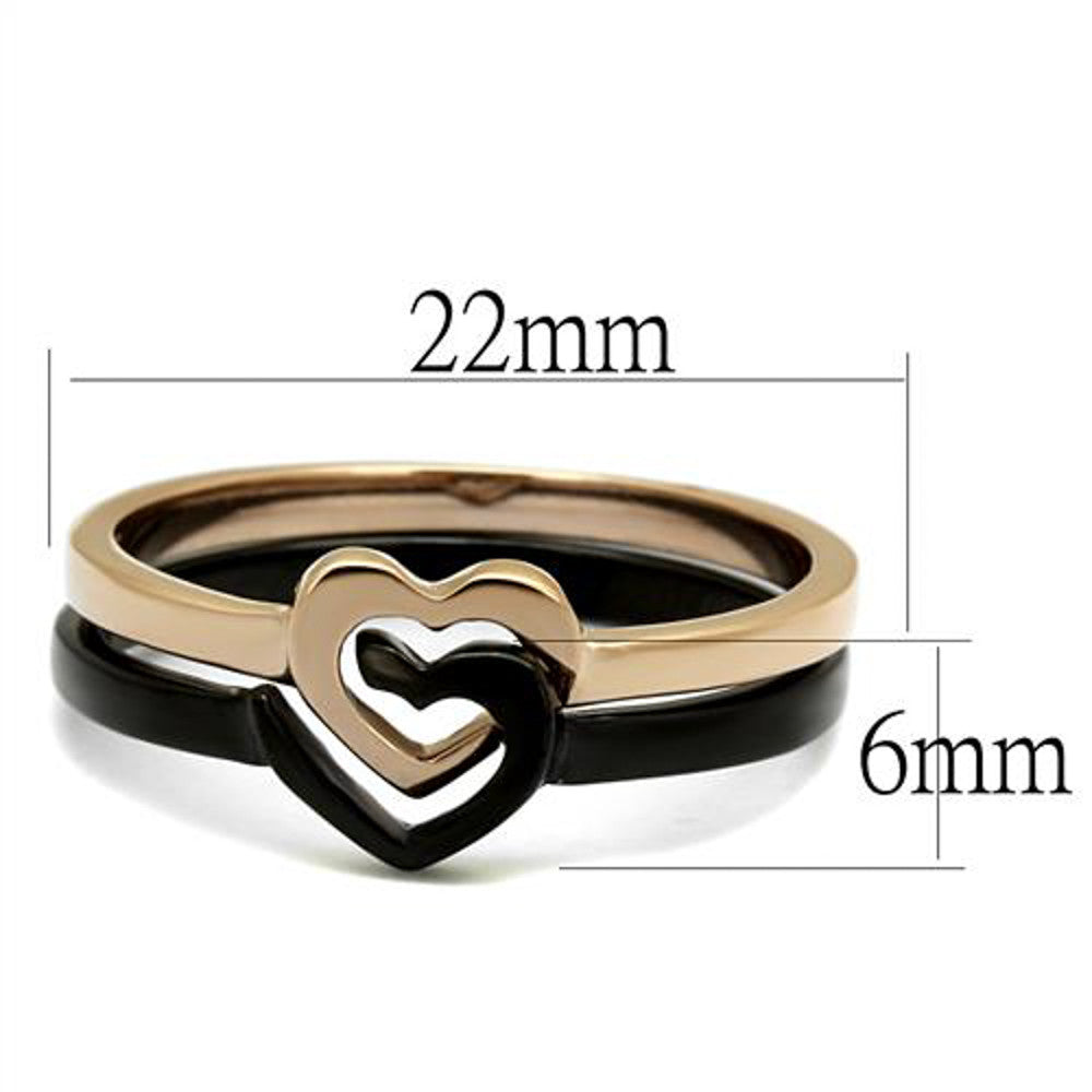 ARTK2650 Stainless Steel Black & Rose Gold Ion Plated 2 Piece Heart Fashion Ring Sz 5-10