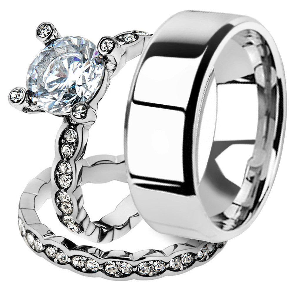 His & Her 3pc Stainless Steel 2.25 Ct Cz Bridal Ring Set & Men Beveled Edge Band