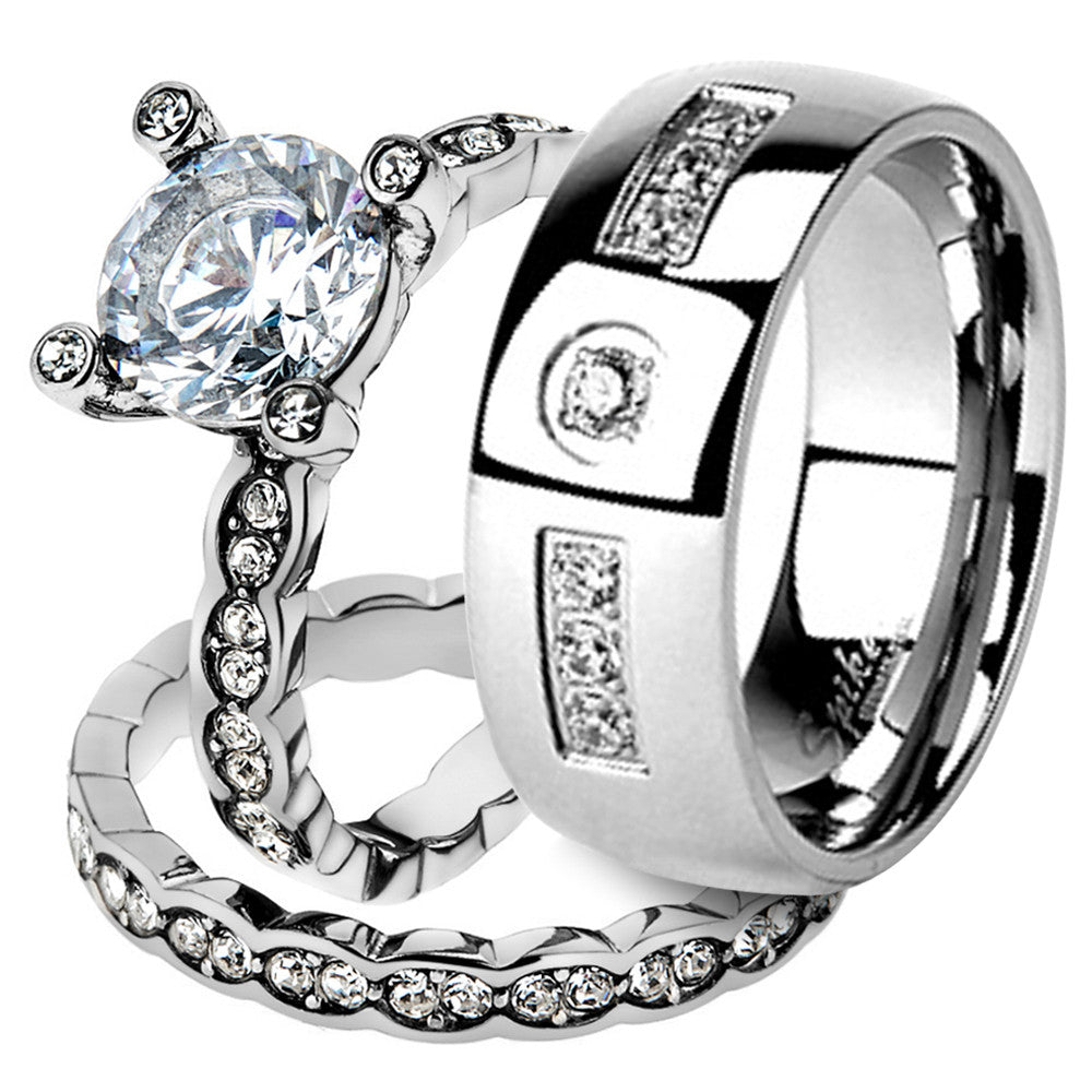 His & Her Stainless Steel 2.25 Ct Cz Bridal Ring Set & Men Zirconia Wedding Band