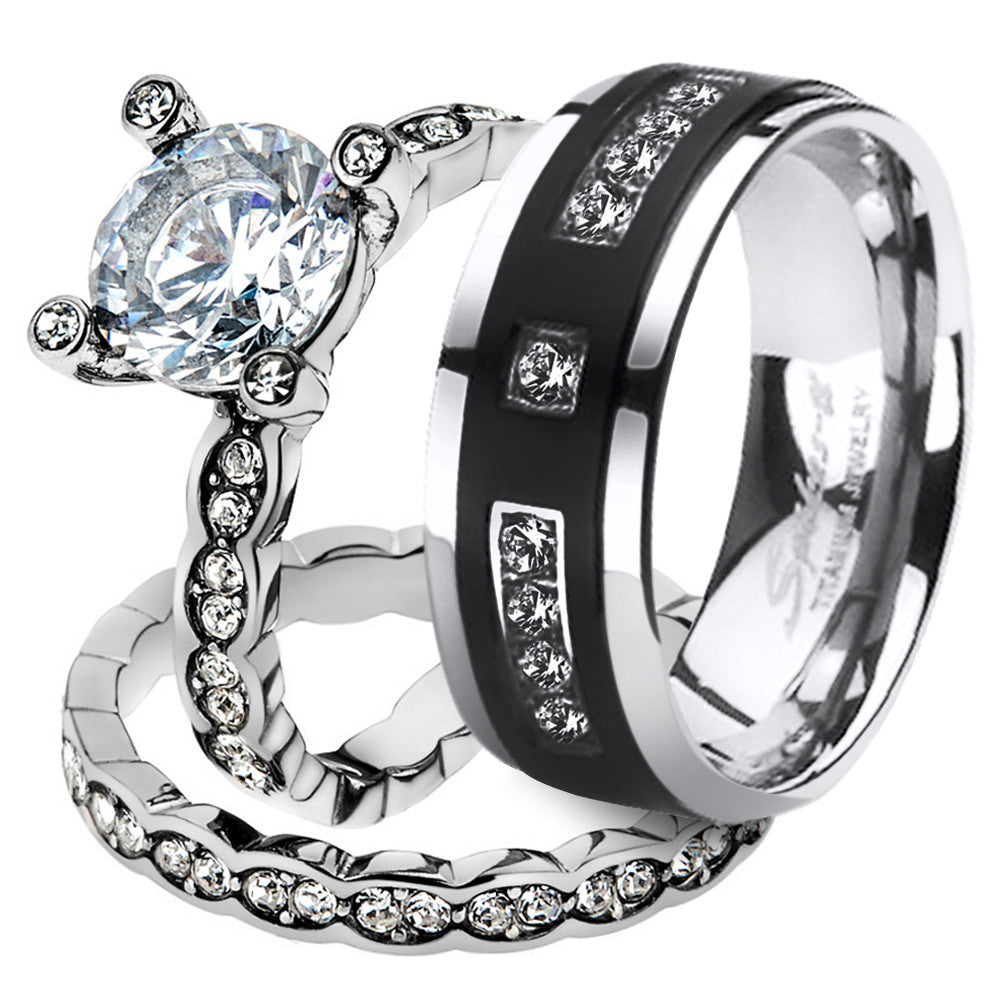 His & Her 3pc Stainless Steel 2.25 Ct Cz Bridal Set & Mens Titanium Wedding Band