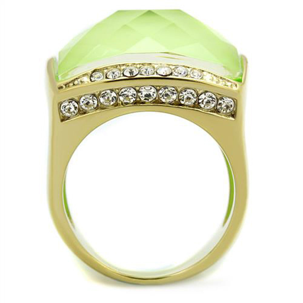 ARTK2661 Gold Ion Plated Stainless Steel 20mm Apple Green Synthetic Stone Cocktail Ring