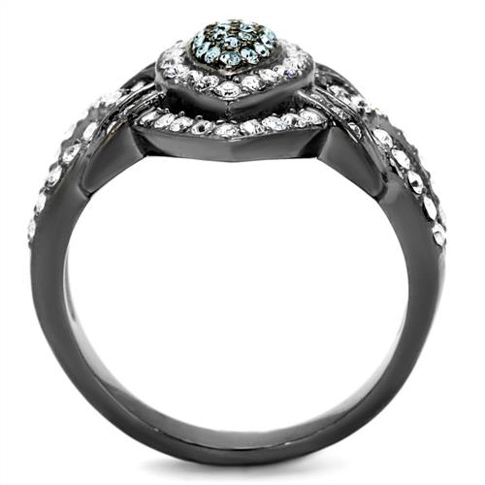 ARTK2679 Light Black Stainless Steel Clear & Aqua Crystal Cocktail Ring Women's Size 5-10