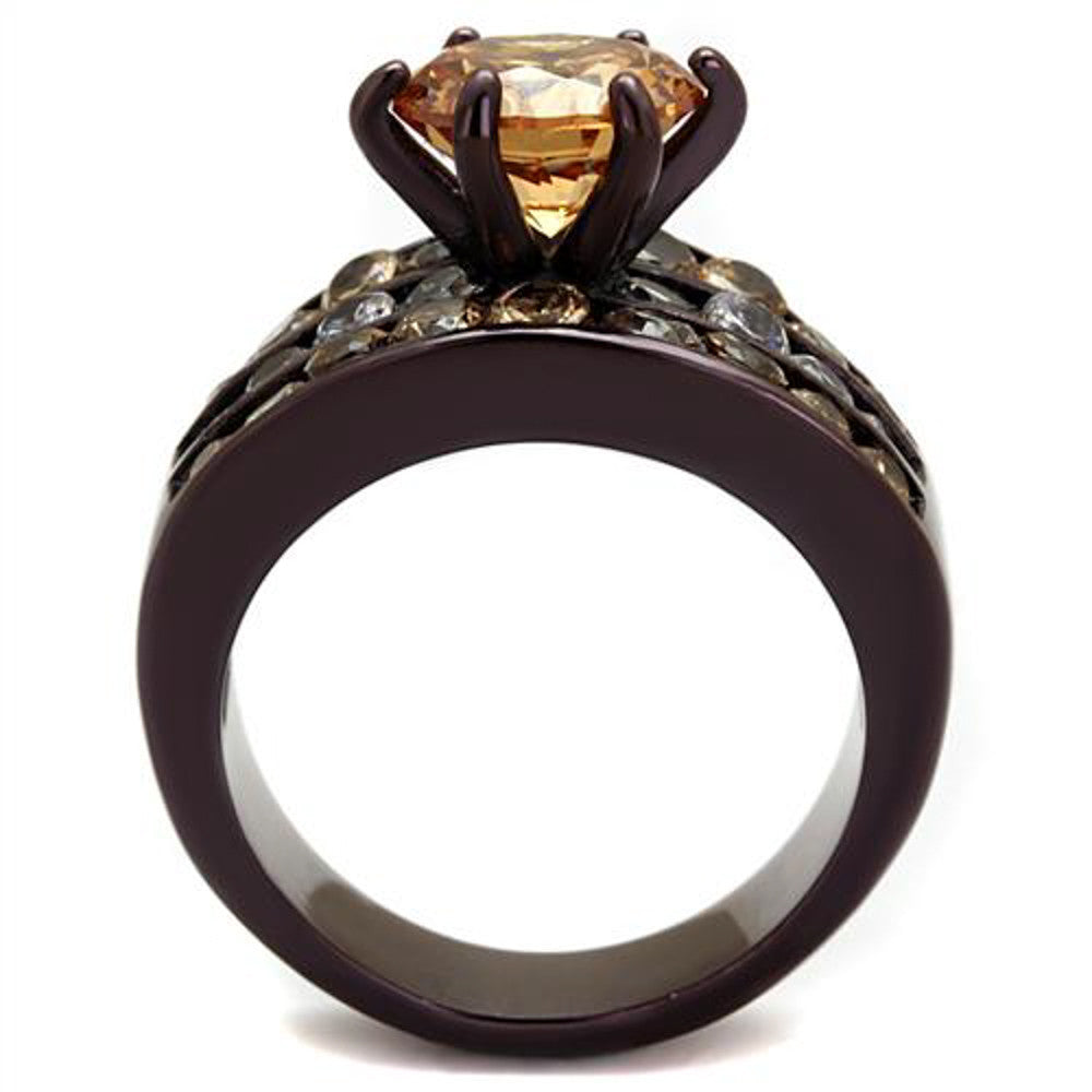 ARTK2681 Dark Brown Stainless Steel 4.31 Ct Champagne CZ Engagement Ring Womens Size 5-10