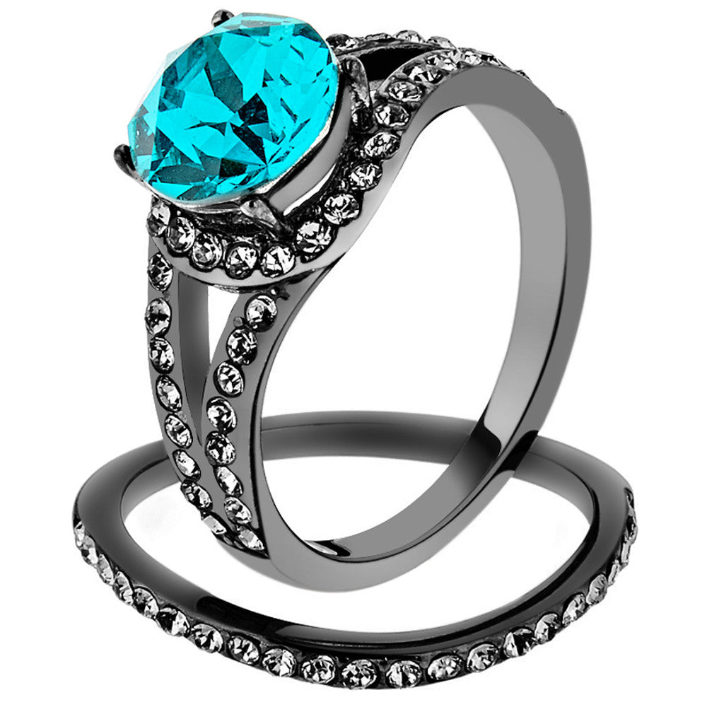 2.39 Ct Blue Zircon Crystal Gray Stainless Steel Wedding Ring Set Womens Sz 5-10