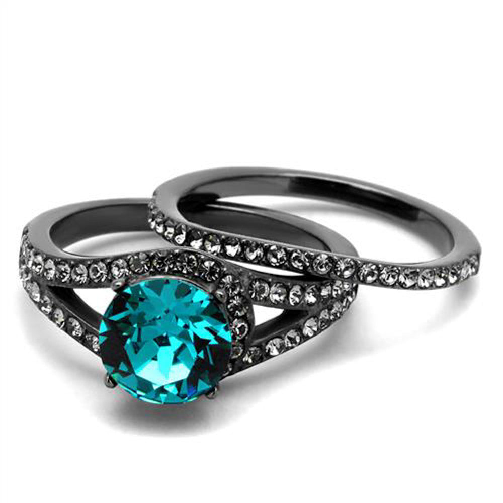 ARTK2744 Womens 2.39 Ct Blue Zircon Crystal Gray Stainless Steel Wedding Ring Set Sz 5-10