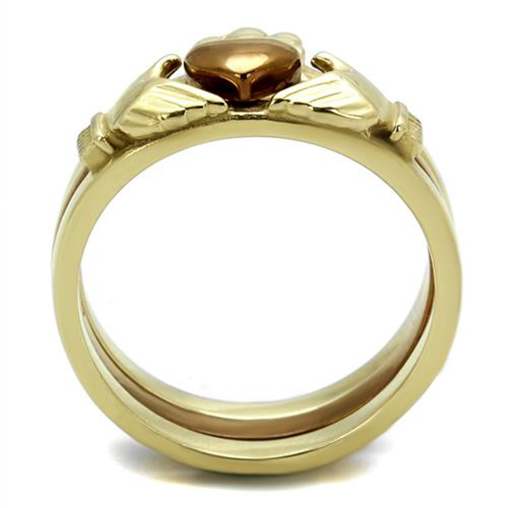 ARTK2801 Two-toned Gold & Brown Stainless Steel Claddagh Fashion Ring Women's Size 5-10