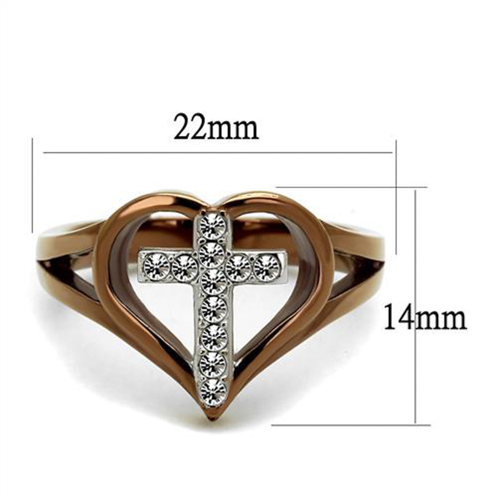 ARTK2802 Light Coffee Stainless Steel Crystal Cross & Heart Fashion Ring Womens Sz 5-10