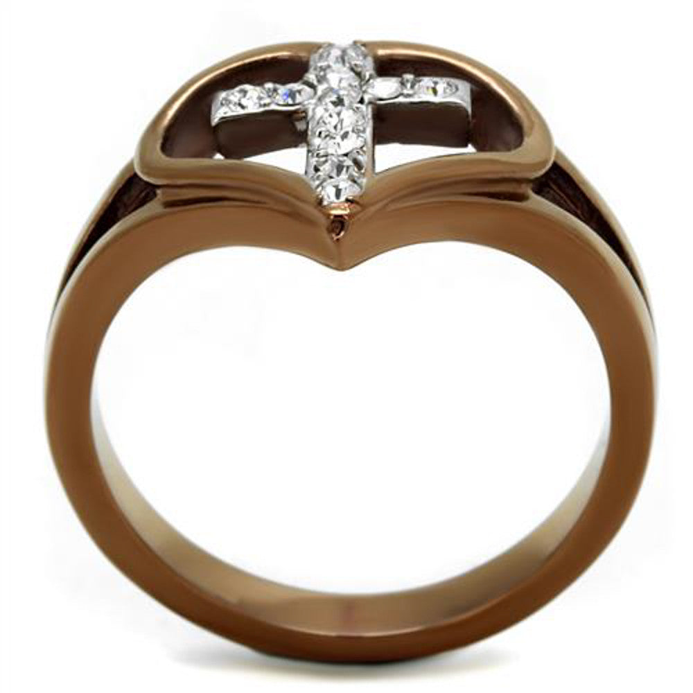 ARTK2802 Light Coffee Stainless Steel Crystal Cross & Heart Fashion Ring Womens Sz 5-10