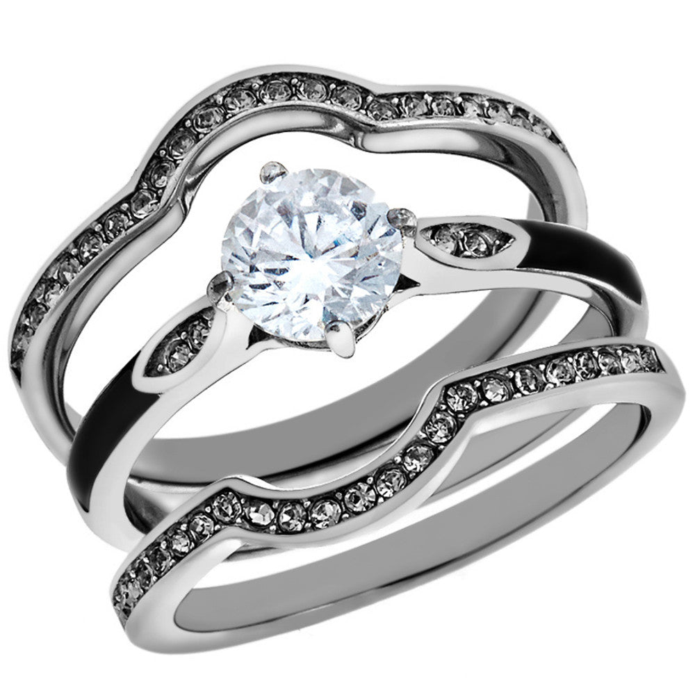 1.1 Ct Round Cut Zirconia 3pc Stainless Steel Wedding Ring Set Women's Size 5-10