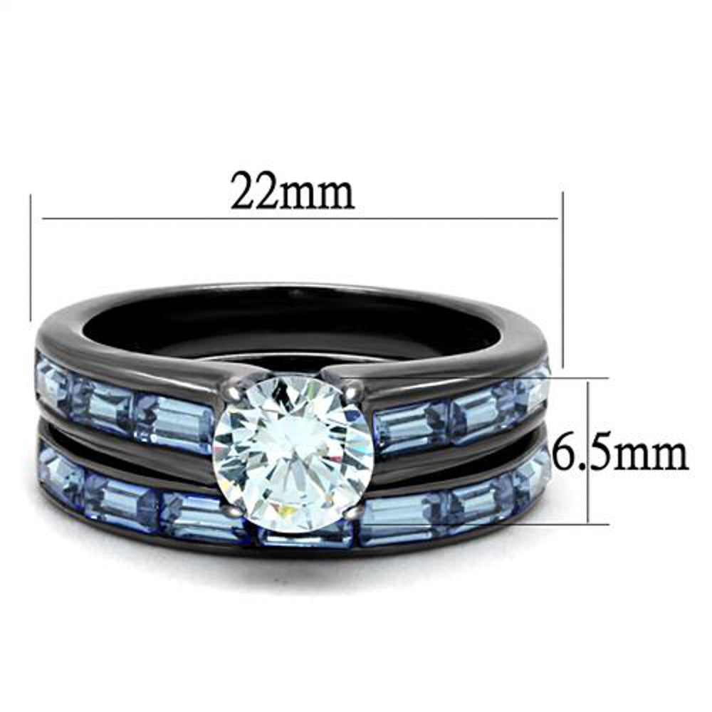 ARTK2845 2.85Ct Clear & Sea Blue Cz Gray Stainless Steel Wedding Ring Set Women's Sz 5-10