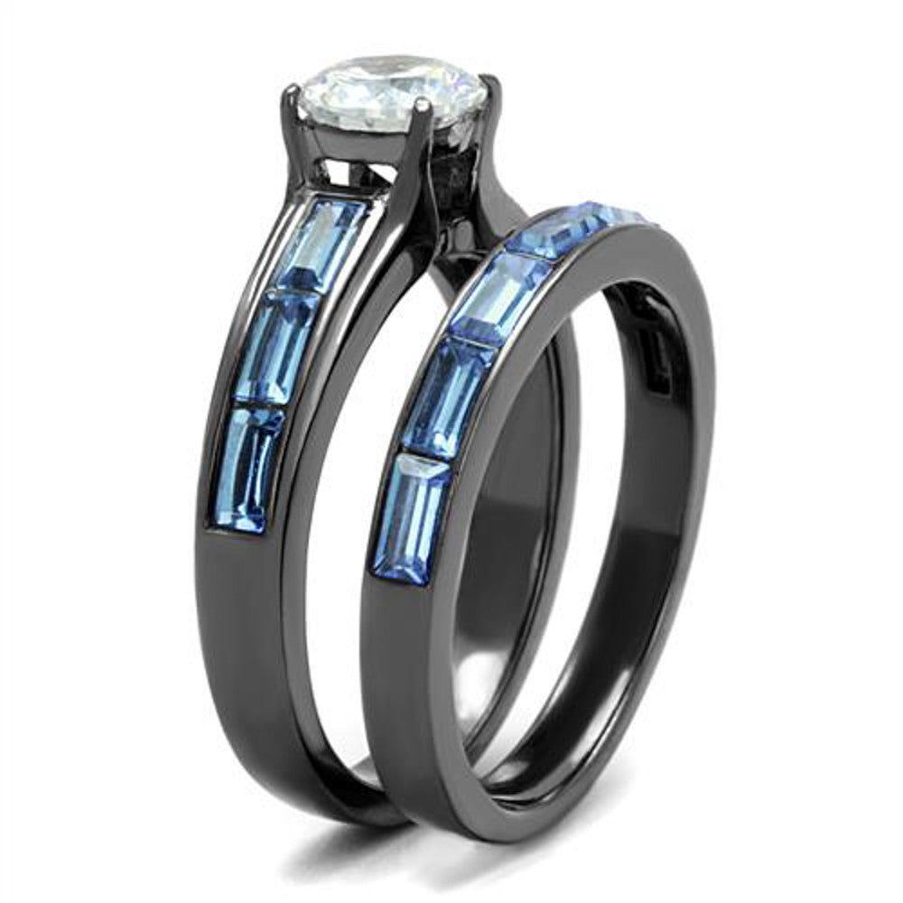 ARTK2845 2.85Ct Clear & Sea Blue Cz Gray Stainless Steel Wedding Ring Set Women's Sz 5-10