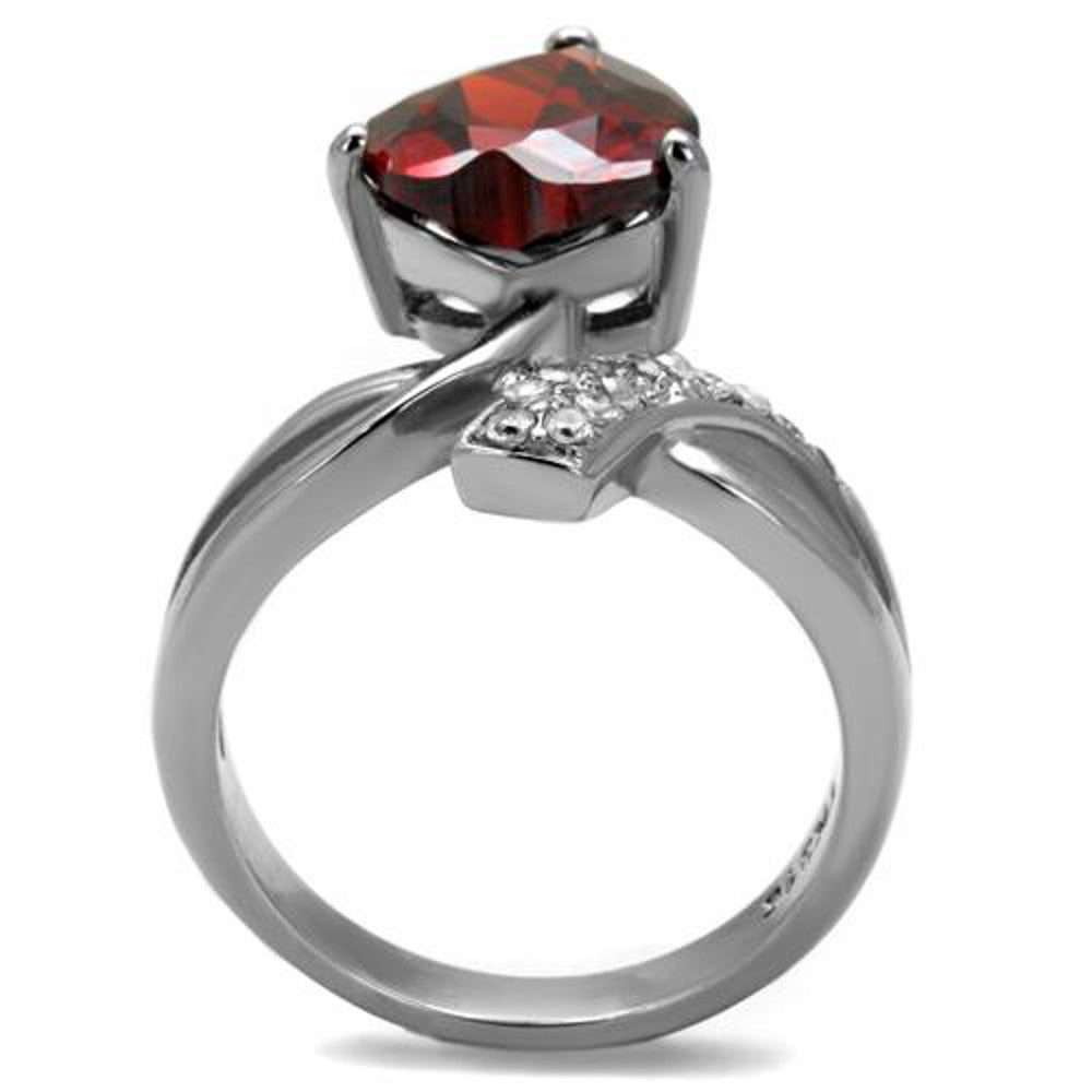 ARTK2863 Stainless Steel 3.22 Ct Heart Shape Garnet Color Cz Fashion Ring Women's Sz 5-10