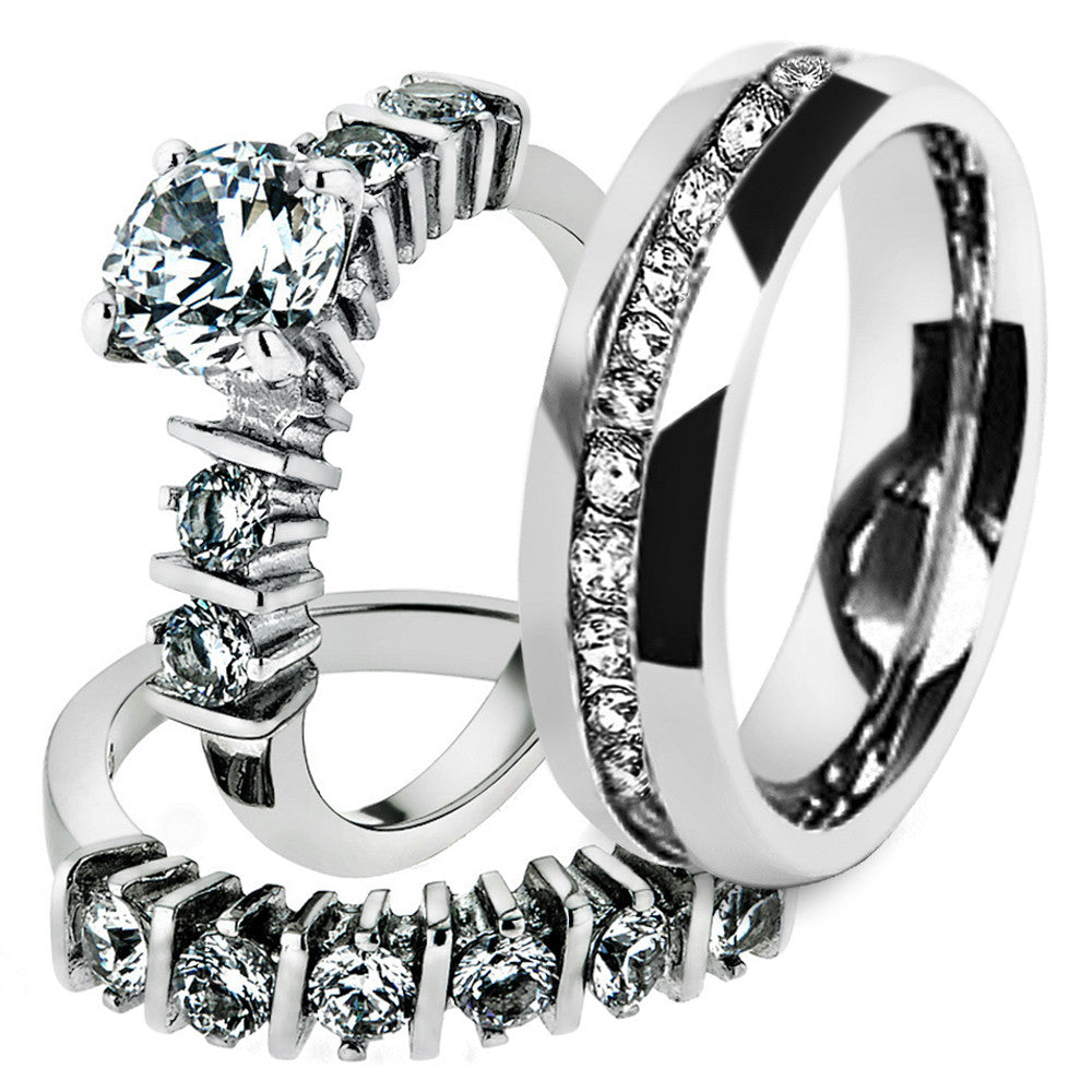 His & Hers Stainless Steel 2.38 Ct Cz Bridal Set & Men's Eternity Wedding Band