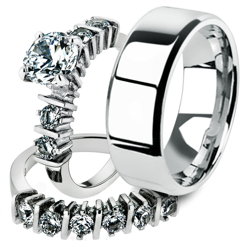 His & Her 3pc Stainless Steel 2.38 Ct Cz Bridal Ring Set & Men Beveled Edge Band