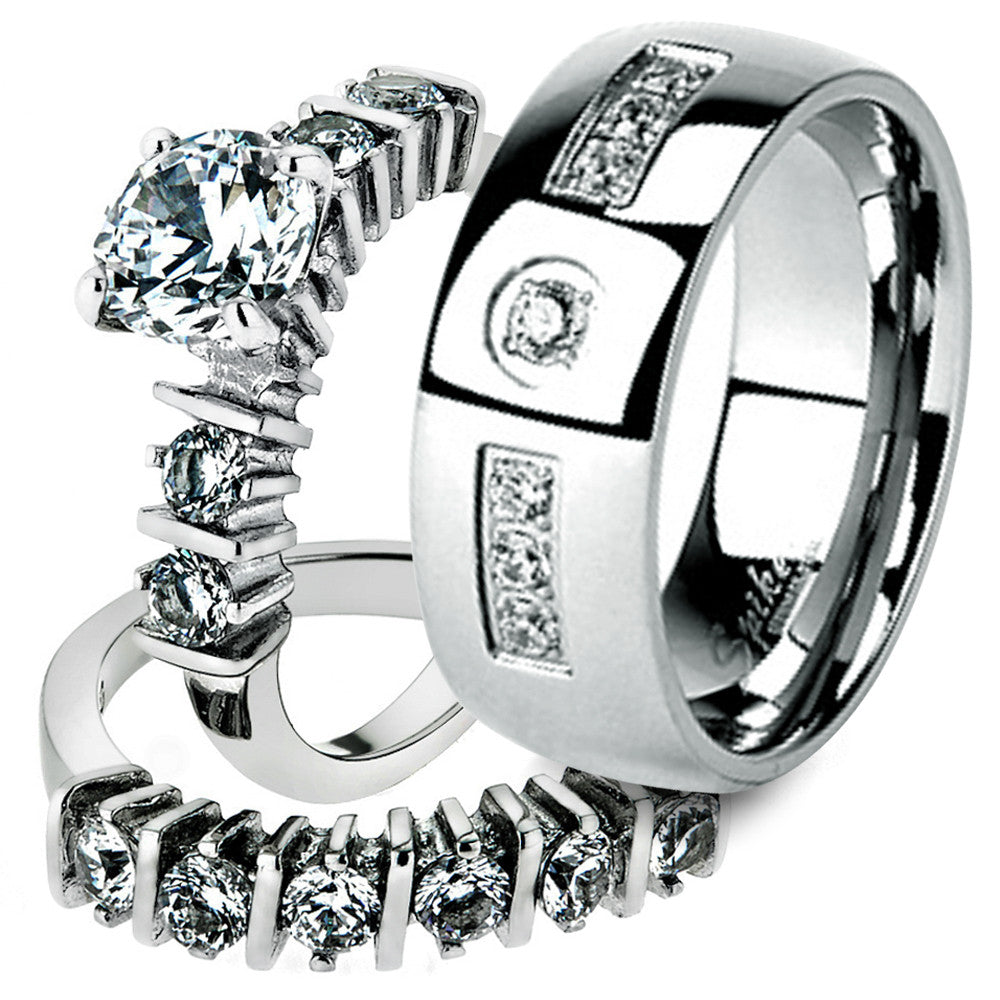 His & Her Stainless Steel 2.38 Ct Cz Bridal Ring Set & Men Zirconia Wedding Band