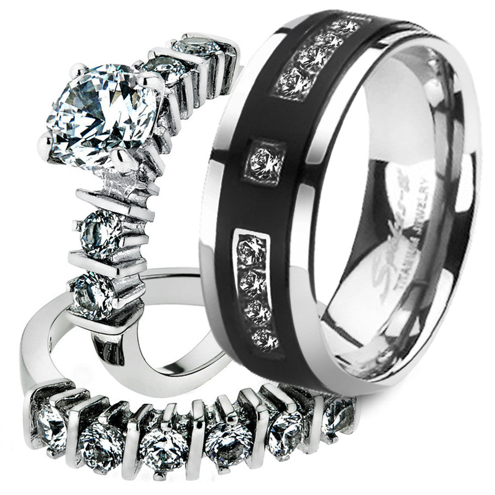 His & Her 3pc Stainless Steel 2.38 Ct Cz Bridal Set & Mens Titanium Wedding Band