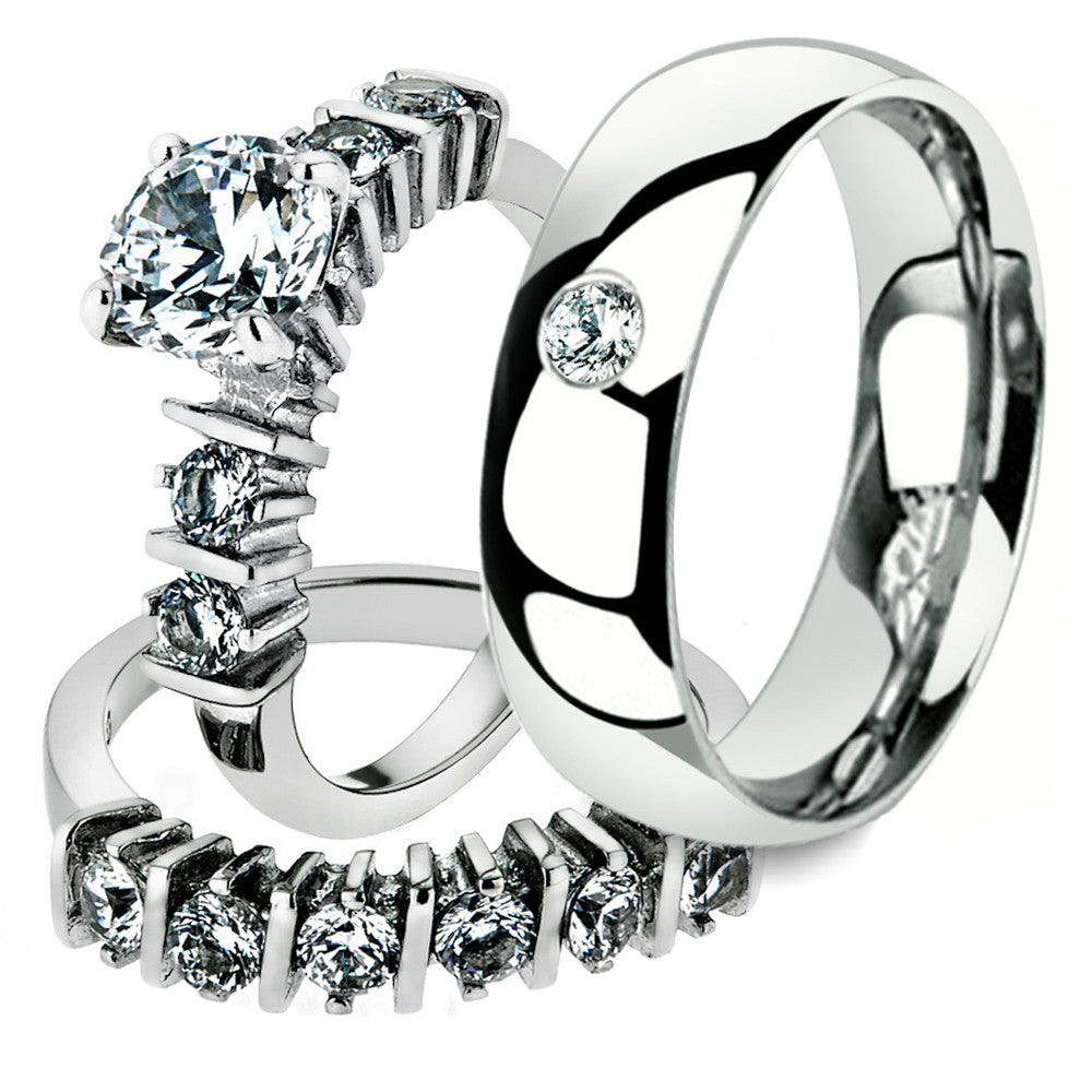 His & Her 3 Pc Stainless Steel 2.38 Ct Cz Bridal Set & Men Zirconia Wedding Band