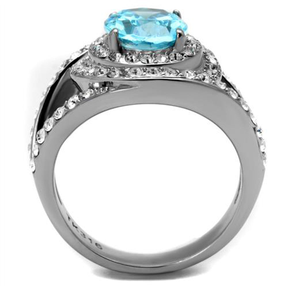 ARTK2900  Stainless Steel 3.68 Ct Oval Cut Sea Blue CZ Halo Cocktail Ring Women's 5-10