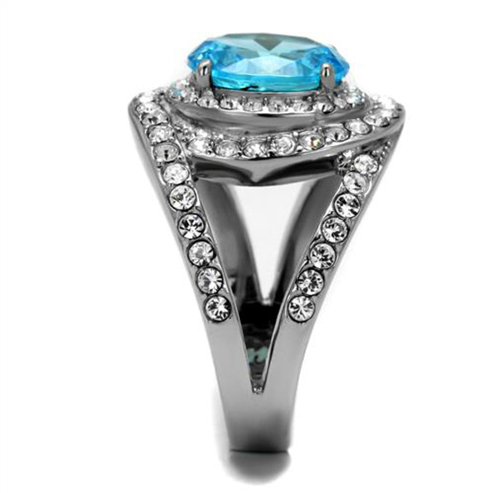 ARTK2900  Stainless Steel 3.68 Ct Oval Cut Sea Blue CZ Halo Cocktail Ring Women's 5-10