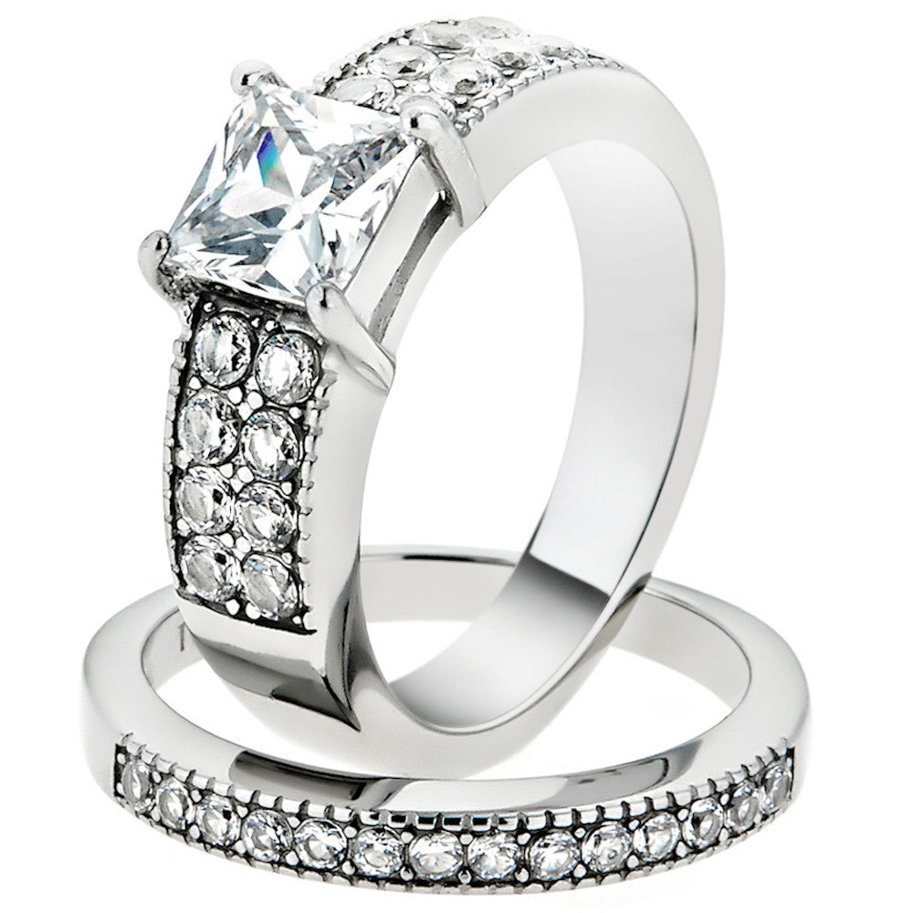 2.07 Ct Princess Cut Zirconia Stainless Steel Wedding Ring Set Women's Size 5-10