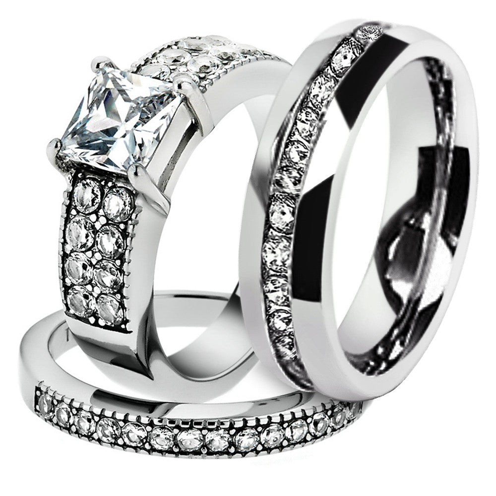 His & Hers Stainless Steel 2.07 Ct Cz Bridal Set & Men's Eternity Wedding Band