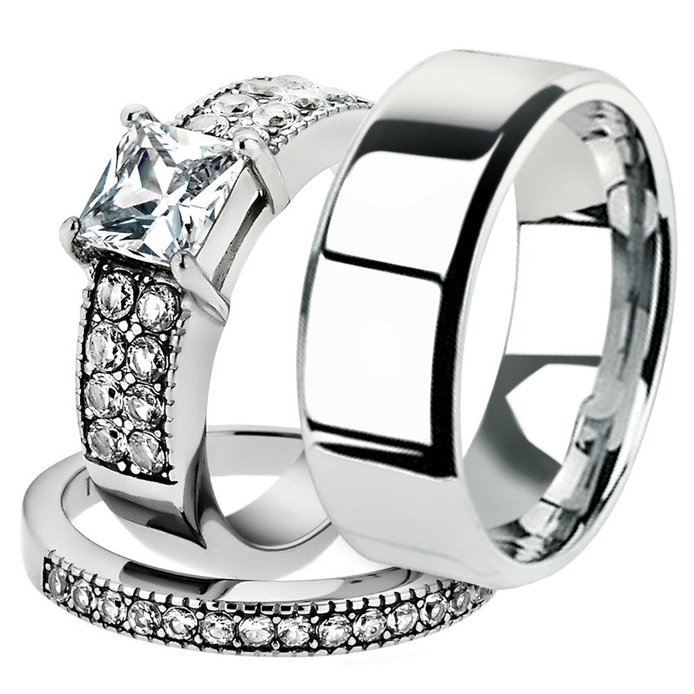 His & Her 3pc Stainless Steel 2.07 Ct Cz Bridal Ring Set & Men Beveled Edge Band