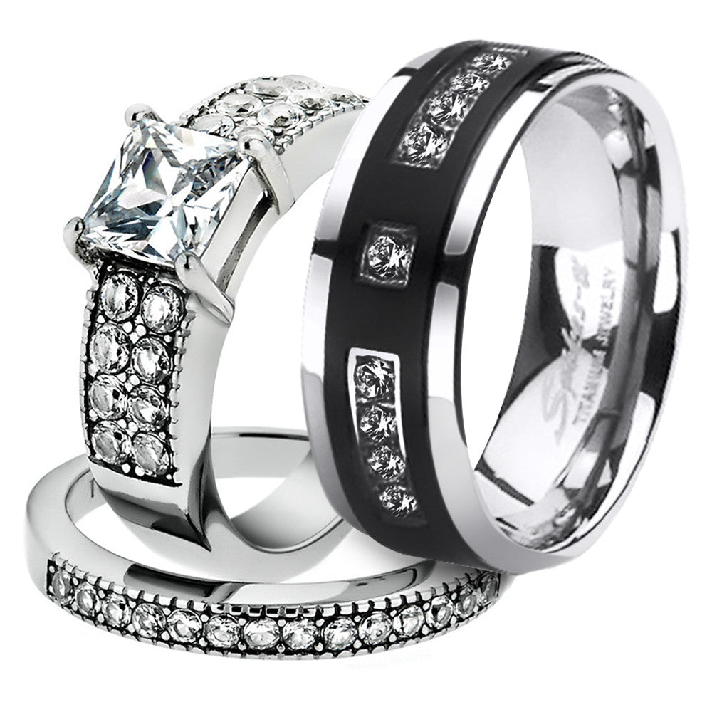 His & Her 3pc Stainless Steel 2.07 Ct Cz Bridal Set & Mens Titanium Wedding Band