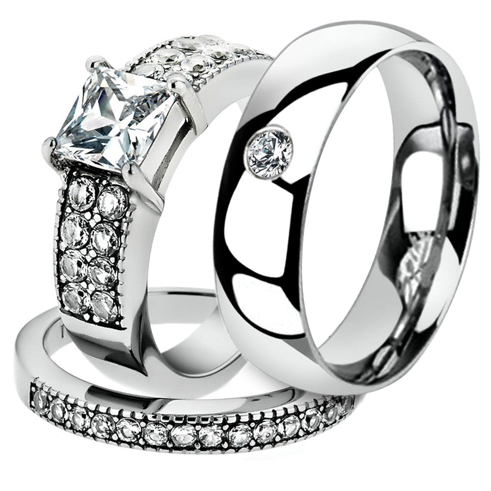 His & Her 3 Pc Stainless Steel 2.07 Ct Cz Bridal Set & Men Zirconia Wedding Band