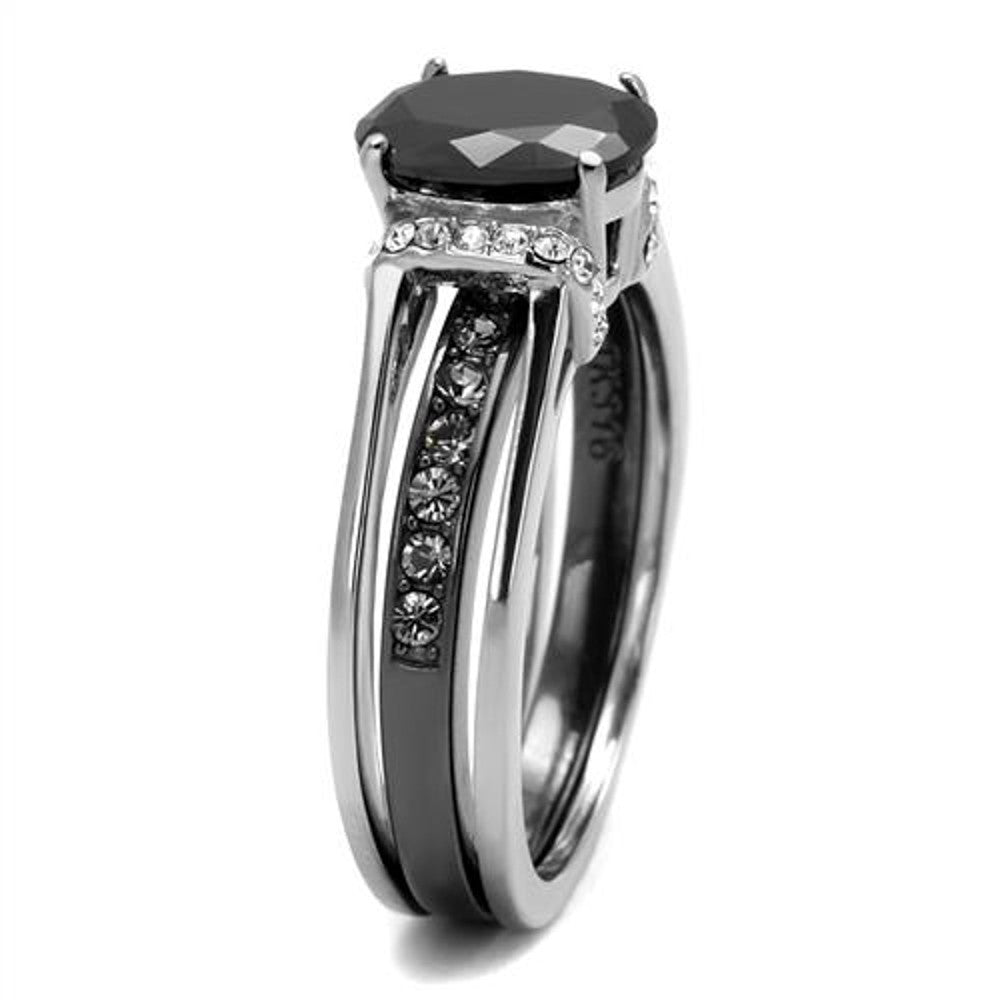 Stainless Steel  2.12 Ct Oval Cut Black Cz Two Toned Ion Plated Wedding Ring Set