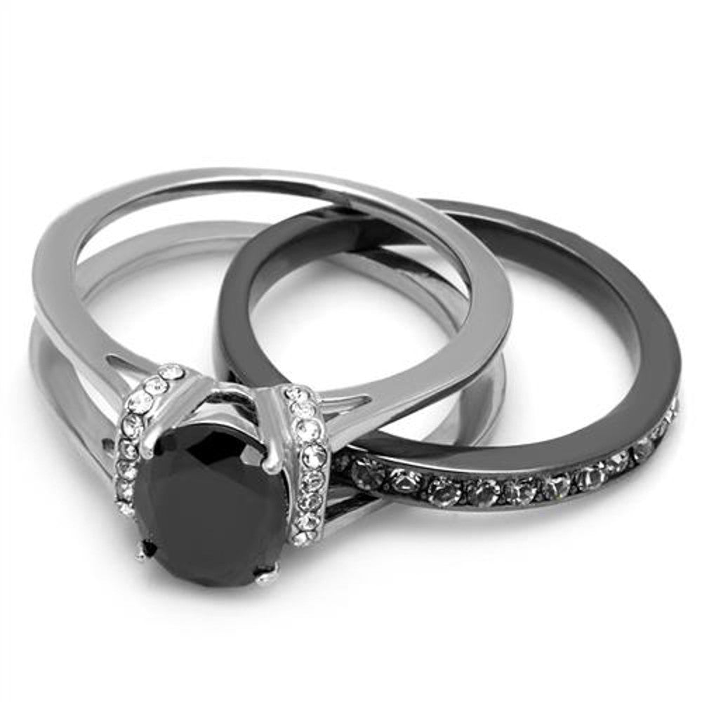 Stainless Steel  2.12 Ct Oval Cut Black Cz Two Toned Ion Plated Wedding Ring Set