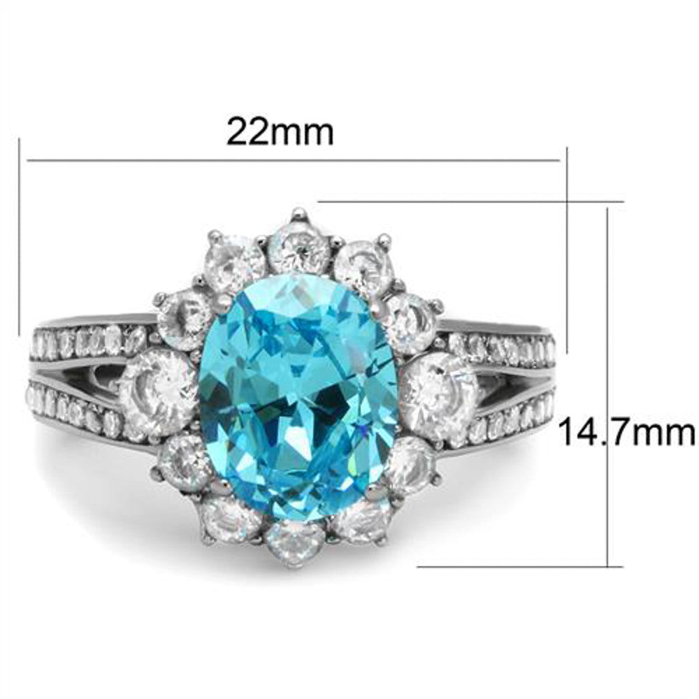 ARTK2977 Women's 3.58 Ct Oval Cut Sea Blue CZ Stainless Steel Halo Engagement Ring 5-10