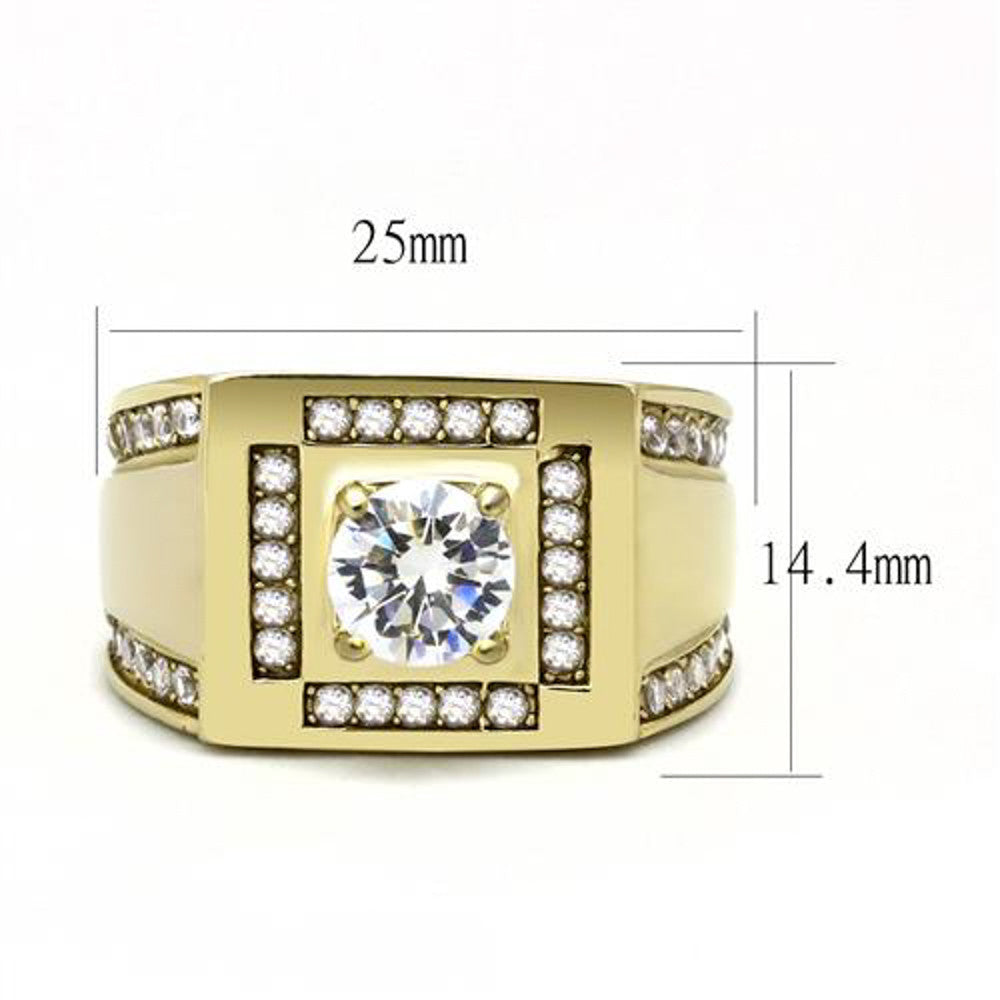 ARTK3079 Men's 1.8 Ct Round Cut Cz 14K Gold Plated Stainless Steel Fashion Ring Size 8-13