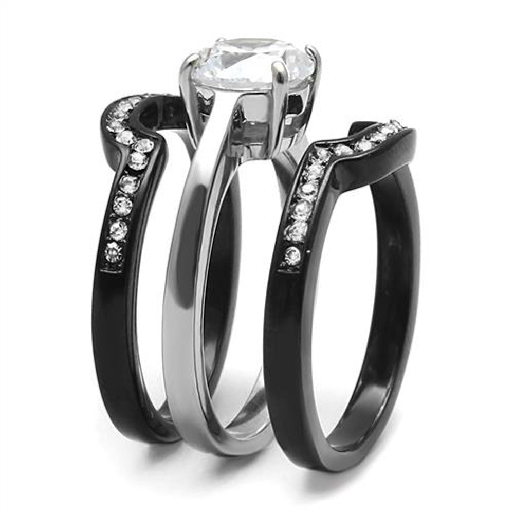 ARTK3214 Women's 2.25 Ct Round Cut Cz Black Stainless Steel Wedding Ring Set Size 5-11