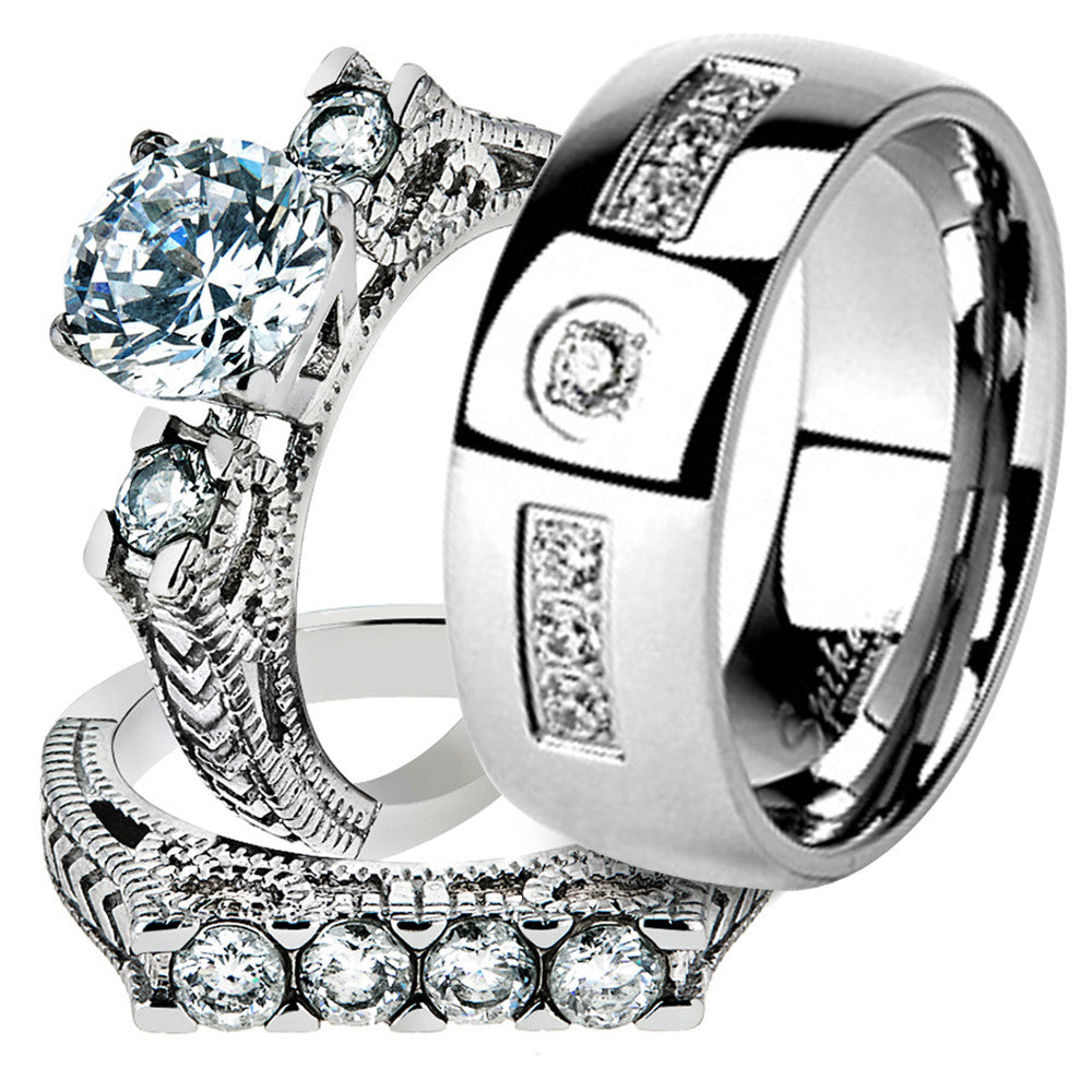 Hers & His Stainless Steel Round Cut Vintage Bridal Ring Set & Cz Wedding Band