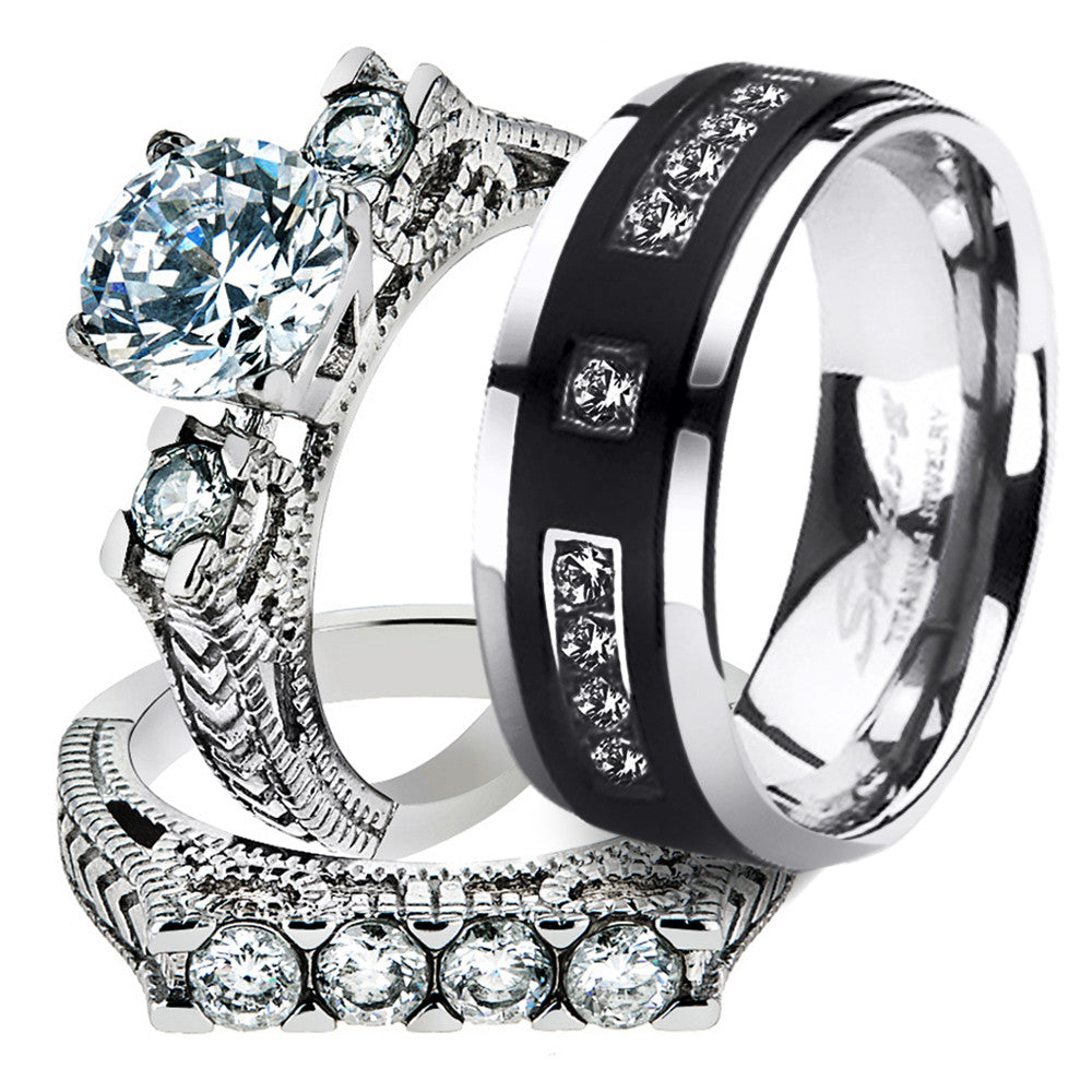 His & Her 3pc Stainless Steel Vintage Bridal Ring Set & Titanium Wedding Band