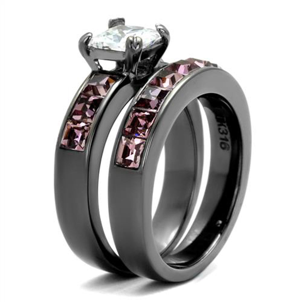 ARTK61206LJ Stainless Steel Women's 3.75 Ct Princess Cut AAA CZ Light Black Wedding Ring Set