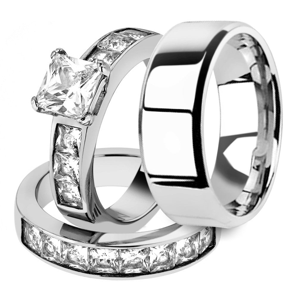 Her & His 3pc Princess Wedding Engagement Ring & Men's Band Stainless Steel Set