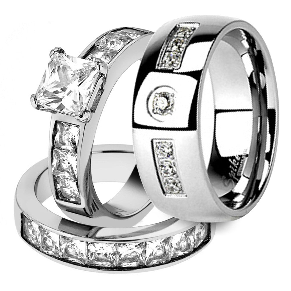 His & Her Stainless Steel 3pc Princess Wedding Ring Set & Men's Wedding Band