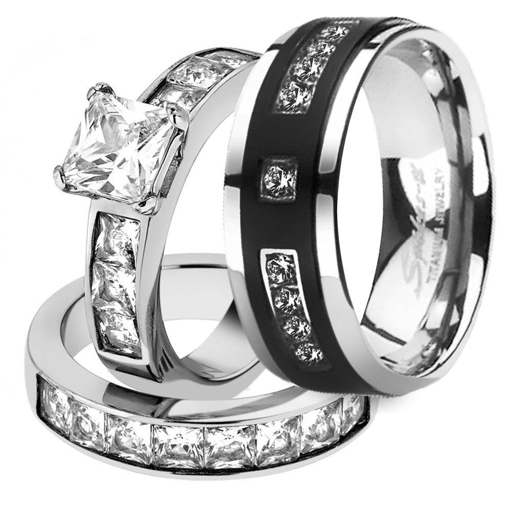 His & Her 3pc Stainless Steel 2.07 Ct Cz Bridal Set & Mens Titanium Wedding Band